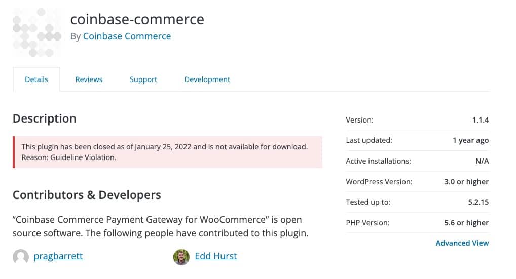 Coinbase Commerce WooCommerce插件Discontinued