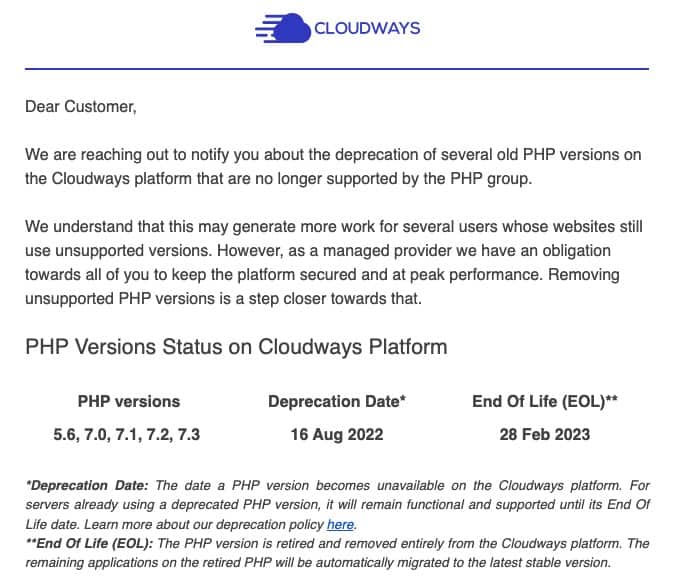 Cloudways PHP版本电子邮件通知